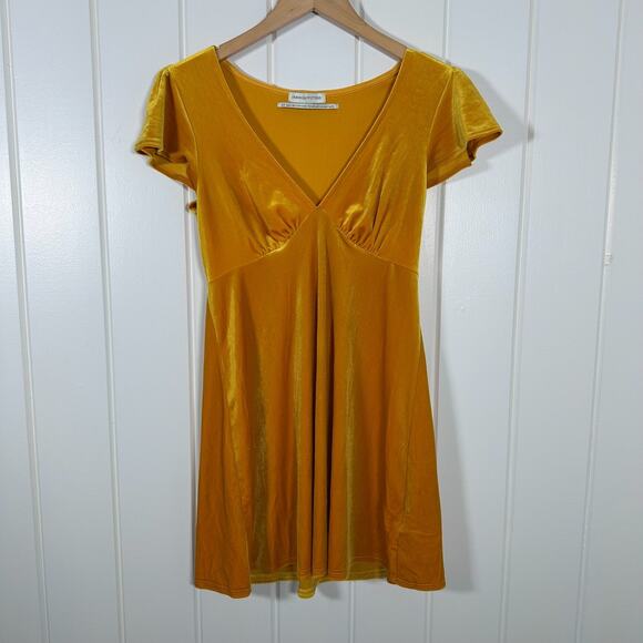 Urban Outfitters Velvet Mini Dress Small Yellow Flutter Sleeve Empire Waist - Picture 3 of 8